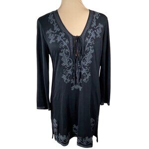 Monoreno Swim Coverup Stitched Black V-Neck Size M Medium Long Sleeve Tunic